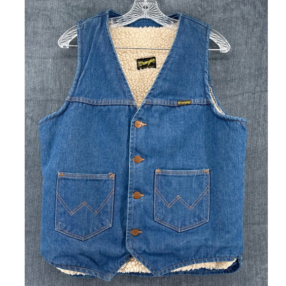 Wrangler Other - Wrangler Sherpa Lined Denim Vest Mens Medium Blue Western Ranch Cowboy USA VTG